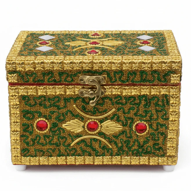 AKDC Golden and Green Wooden Jewellery Box with Antique Brass Latch, Decorative Storage Organizer (7 inch)