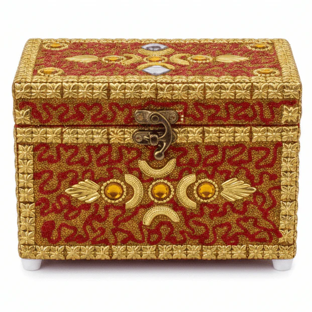 AKDC Golden and Red Wooden Jewellery Box with Antique Style Brass Latch, Decorative Organizer (7 inch)