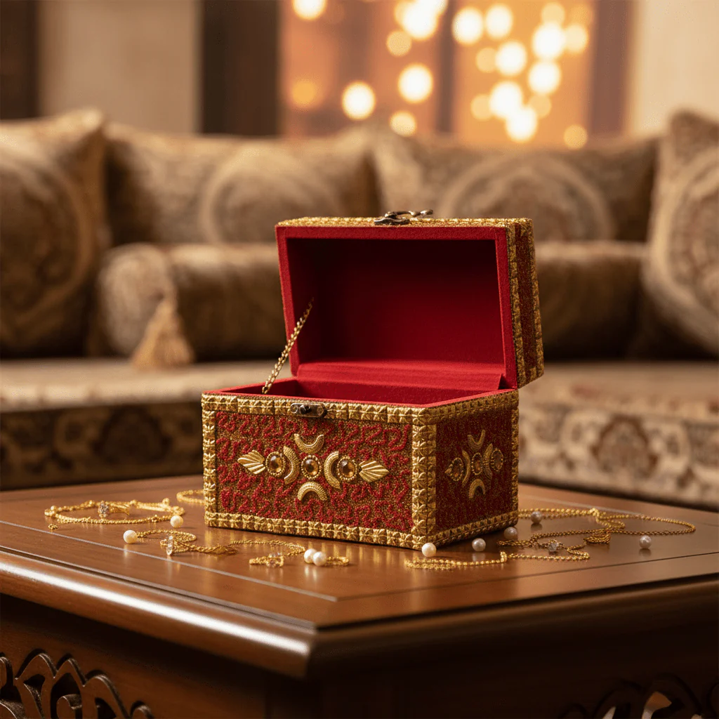 AKDC Golden and Red Wooden Jewellery Box with Antique Style Brass Latch, Decorative Organizer (7 inch) - Image 2