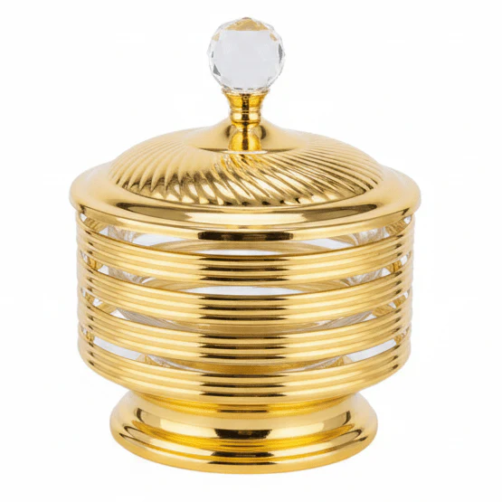 AKDC Luxe Golden Metal & Crystal Glass Candy Pot with Lid | Ribbed Decorative Sugar Jar | 15×11cm | Premium Home & Table Décor