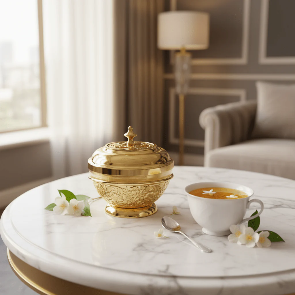 AKDC Golden Sugar Pot – Luxury Embossed Metal & Glass Serveware | 12×10cm - Image 2