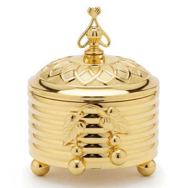 AKDC Royal Gold Embossed Metal Sugar Pot | Ornate Lidded Trinket Box | 9×5.5cm