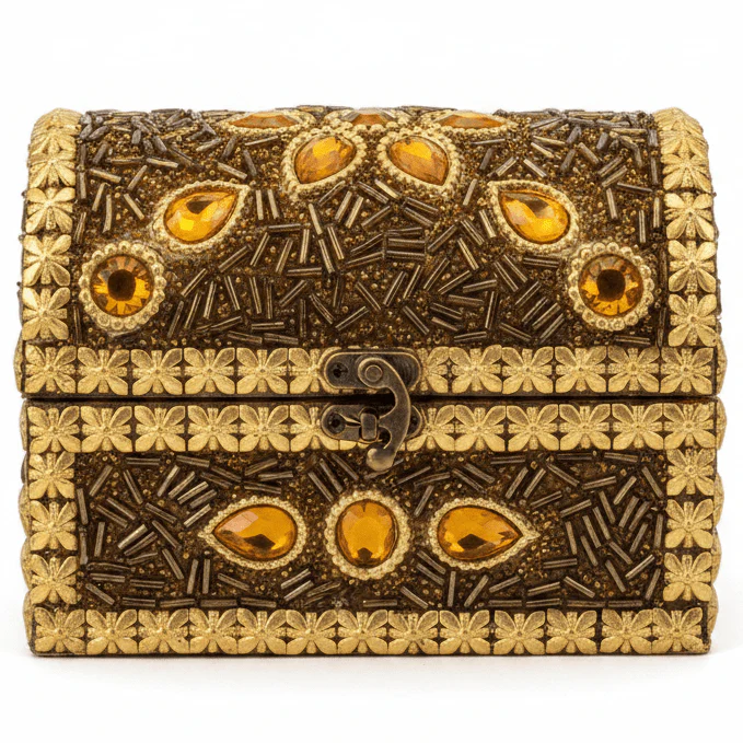 AKDC Golden Wooden Jewellery Storage Box with Antique Brass Lock, Compact Decorative Organizer (13×8 cm)