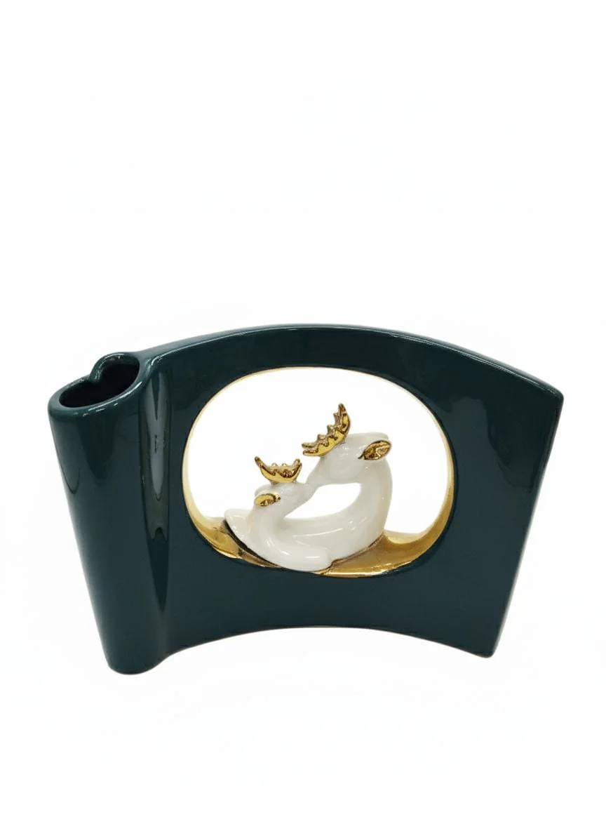 AKDC Green Ceramic Vase with Decorative Deer Figurine – 27×20 cm