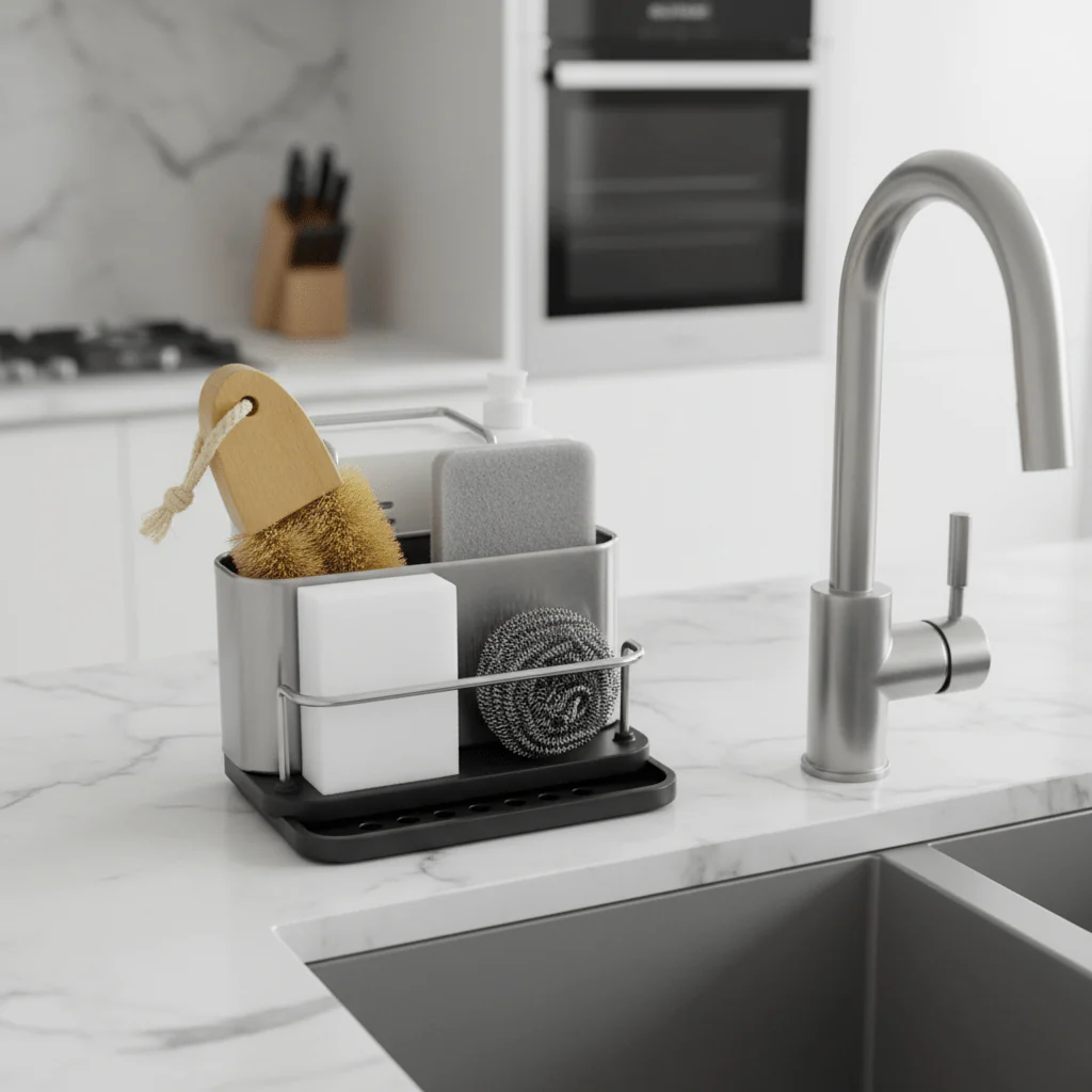 AKDC High-Quality Stainless Steel Kitchen Sink Caddy Organizer for Sponge, Scrubber & Accessories – Compact Rust-Resistant Design (172×137×146 mm) - Image 2