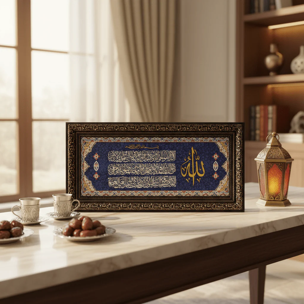 AKDC Islamic Cloth Wall Frame Featuring Ayat Al Kursi Arabic Calligraphy – Blue – 65 × 30 cm Decorative Hanging Frame - Image 2
