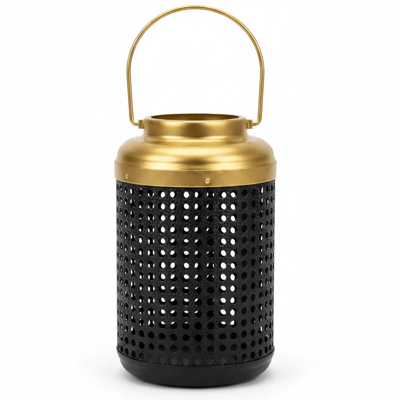 AKDC Large Black and Gold Metal Lantern Candle Holder with Handle for Home Decoration, Events & Ambient Lighting – 25×10 cm