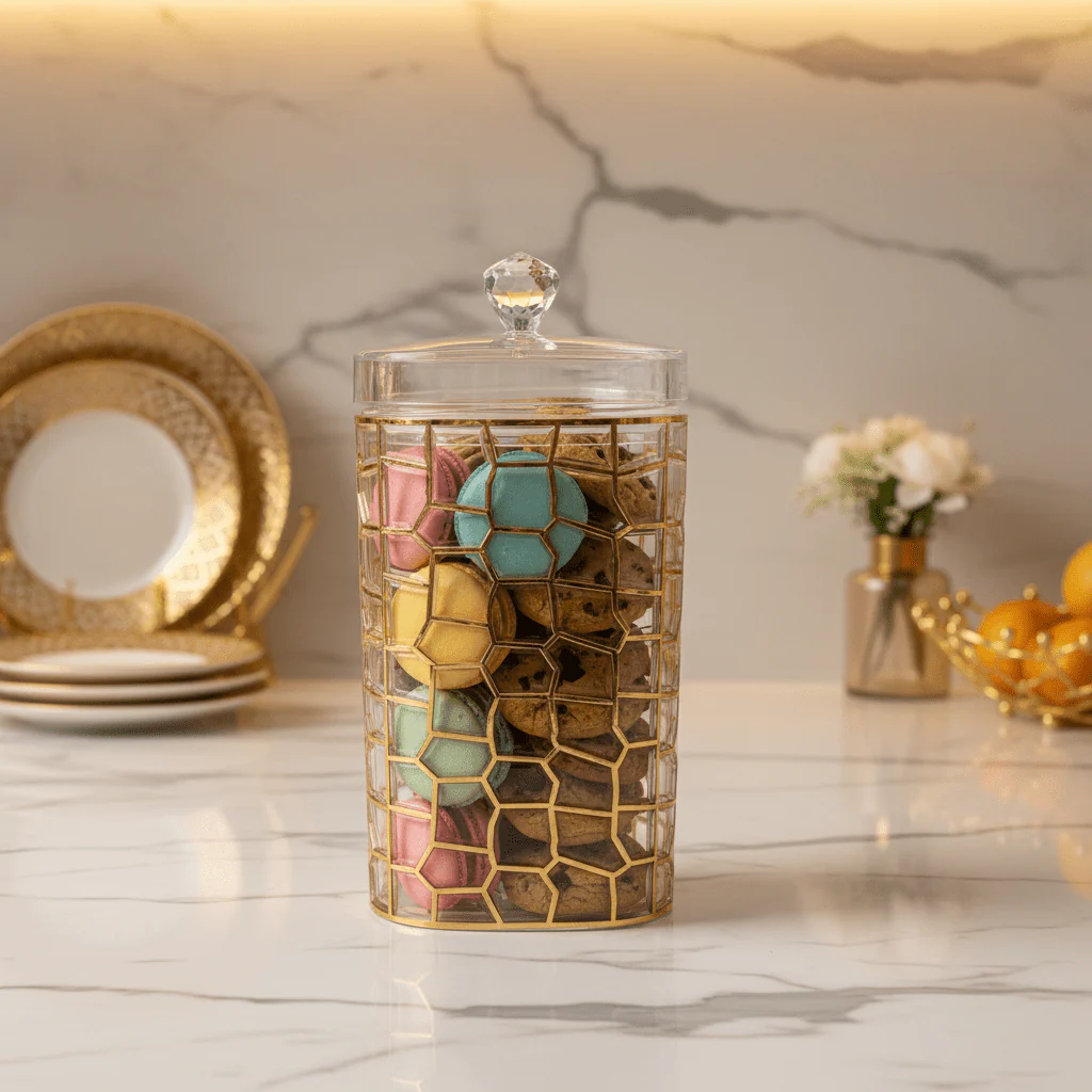 AKDC Large Gold Design Acrylic Storage Canister with Lid for Kitchen Storage 21 × 12 cm - Image 2