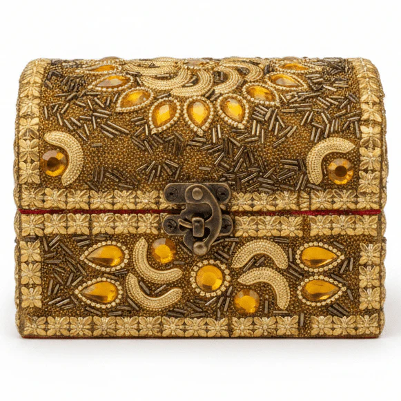 AKDC Large Golden Wooden Jewellery Storage Box with Decorative Antique Brass Lock (18×10 cm)