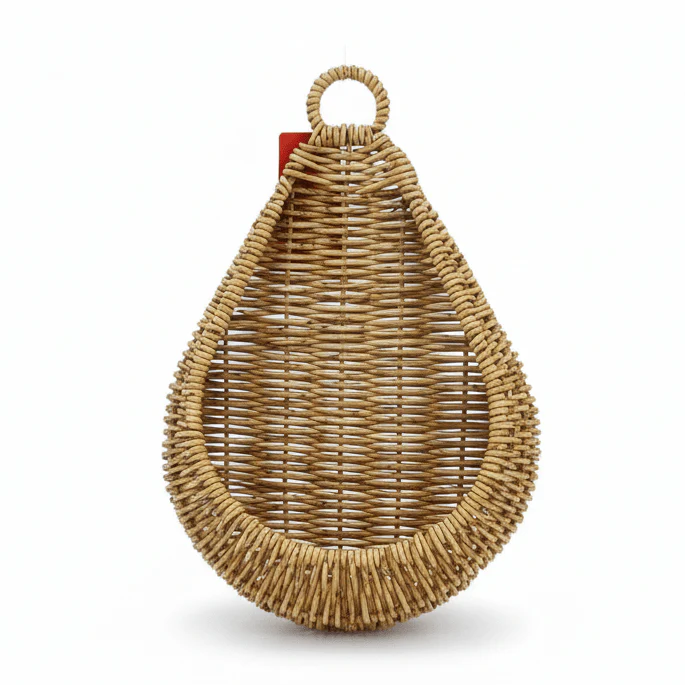 AKDC Large Hanging Handwoven Rattan Basket – Natural Brown Finish, Rustic Decorative Basket for Home & Garden Display, 34 cm Diameter