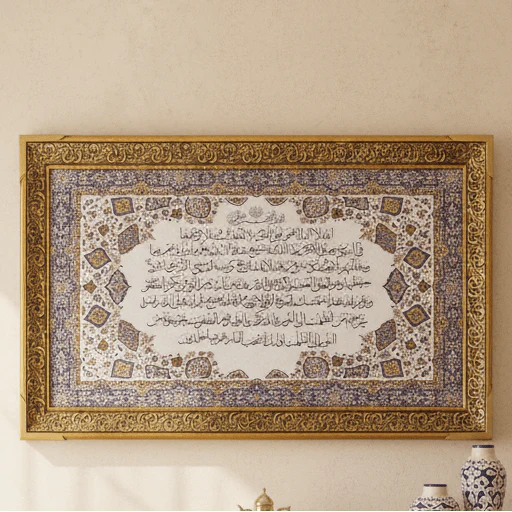 AKDC Large Islamic Cloth Wall Frame Featuring Ayat Al Kursi Arabic Calligraphy – Beige – 110 × 60 cm Premium Wall Décor - Image 2
