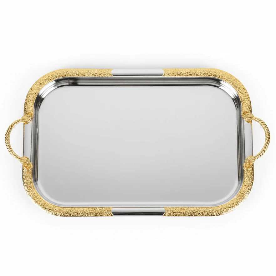 AKDC Large Rectangular Stainless Steel Serving Tray with Decorative Gold Border and Handles, Heavy Duty Food & Drink Serving Tray for Home, Kitchen & Catering – 44 × 35 cm
