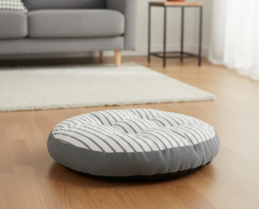 AKDC Large Round Cotton Floor Cushion – White with Grey Stripe Pattern, Comfortable Seating Pillow, 55×55×12 cm - Image 2