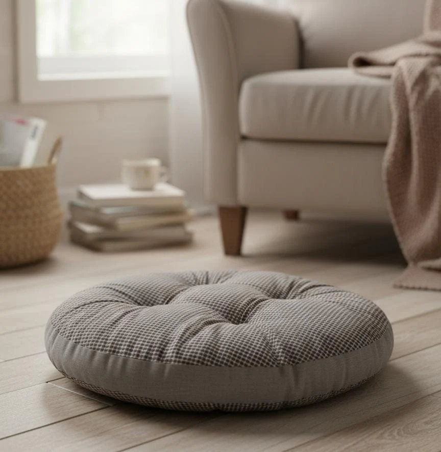 AKDC Large Round Cotton Floor Cushion – White with Brown Plaid Pattern, Cozy Floor Cushion, 55×55×12 cm - Image 2