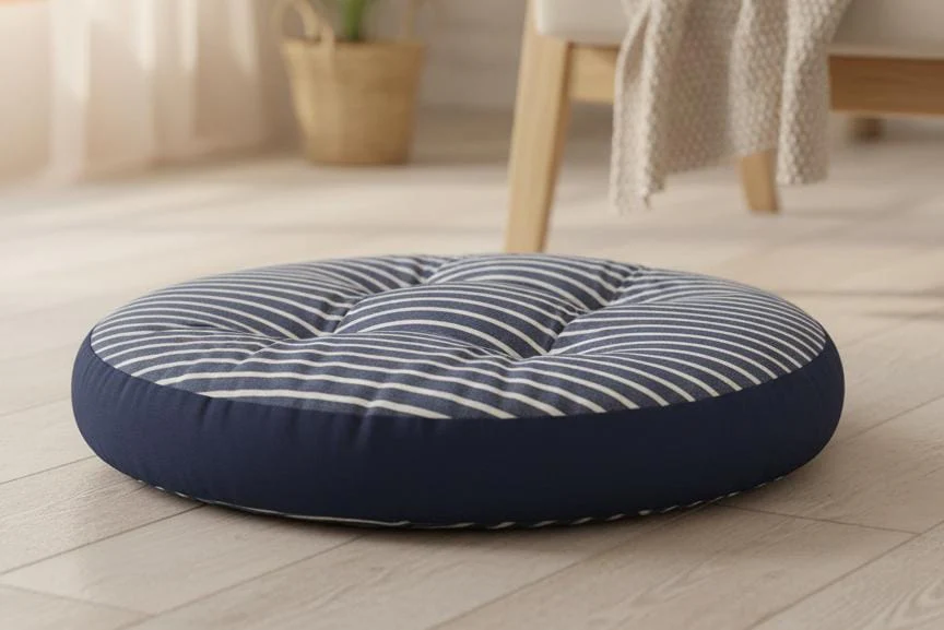 AKDC Large Round Cotton Floor Cushion – White with Dark Blue Stripe Design, Stylish Seating Pillow, 55×55×12 cm - Image 2