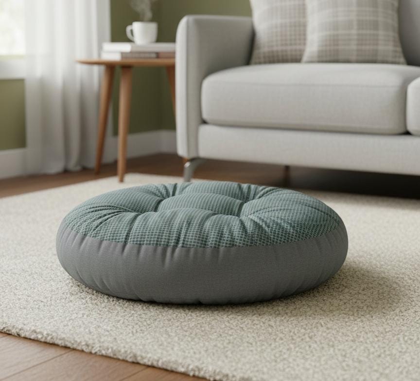 AKDC Large Round Cotton Floor Cushion – White with Grey Plaid Design, Soft Floor Seating Cushion, 55×55×12 cm - Image 2