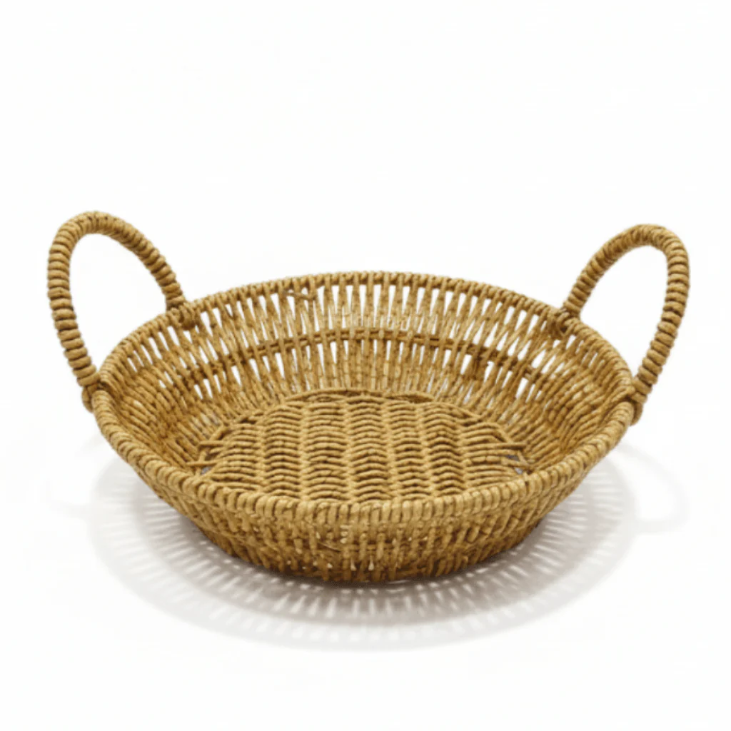 AKDC Large Round Handwoven Rattan Basket with Handle – Natural Brown Finish, Multipurpose Home & Table Organizer, 28 × 7 cm
