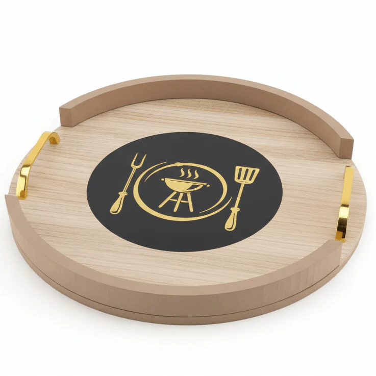 AKDC Large Round Wooden Serving Tray with Metal Handles – Durable Serving Tray for Home & Hospitality 34 cm