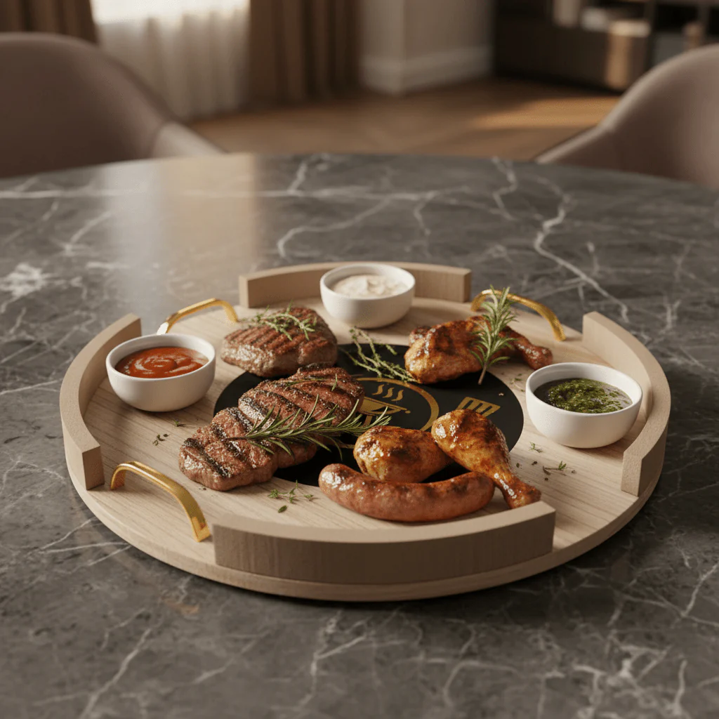 AKDC Large Round Wooden Serving Tray with Metal Handles – Durable Serving Tray for Home & Hospitality 34 cm - Image 2