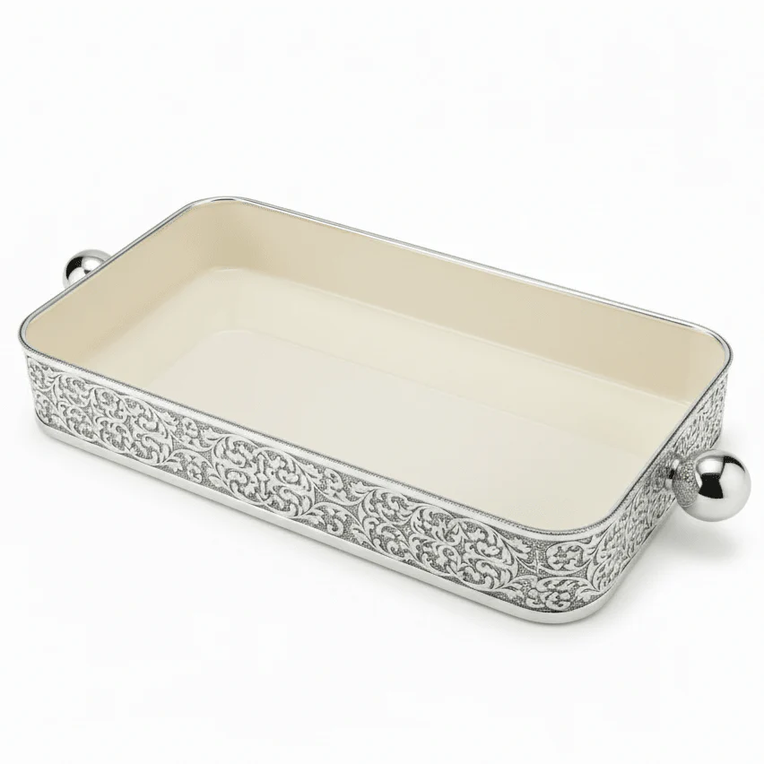 AKDC Large Silver & Cream Rectangular Candy Pot – Premium Decorative Metal Storage for Sweets & Snacks – 30x15 cm