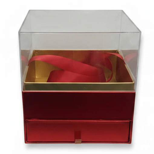 AKDC Large Square Red Cardboard Gift Box with Clear Plastic Lid & Ties for Luxury Gift Hampers, Wedding Gifts & Event Packaging – 18×18×19 cm