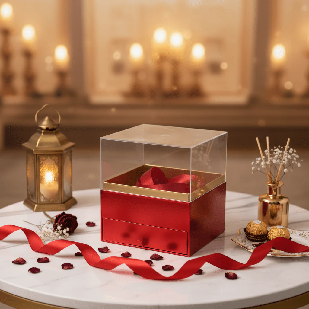 AKDC Large Square Red Cardboard Gift Box with Clear Plastic Lid & Ties for Luxury Gift Hampers, Wedding Gifts & Event Packaging – 18×18×19 cm - Image 2