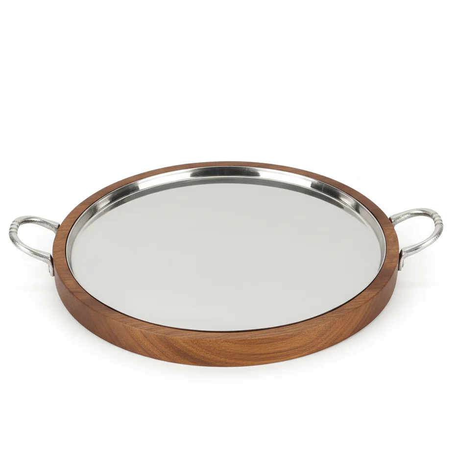 AKDC Large Wooden & Metal Dessert Serving Tray with Handle – Decorative Serving Plate 30 cm
