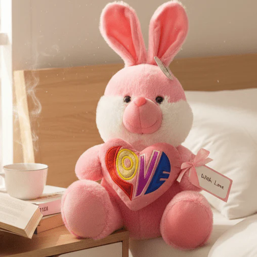 AKDC Light Pink Bunny Soft Plush Toy with Love Text Print – 30 cm Stuffed Animal Gift Toy - Image 2
