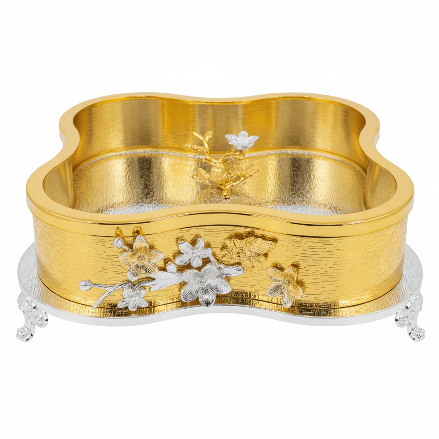 AKDC Luxe Gold & Silver Metal Candy Box Metal with Glass Lid – Stylish Decorative Storage 25 cm