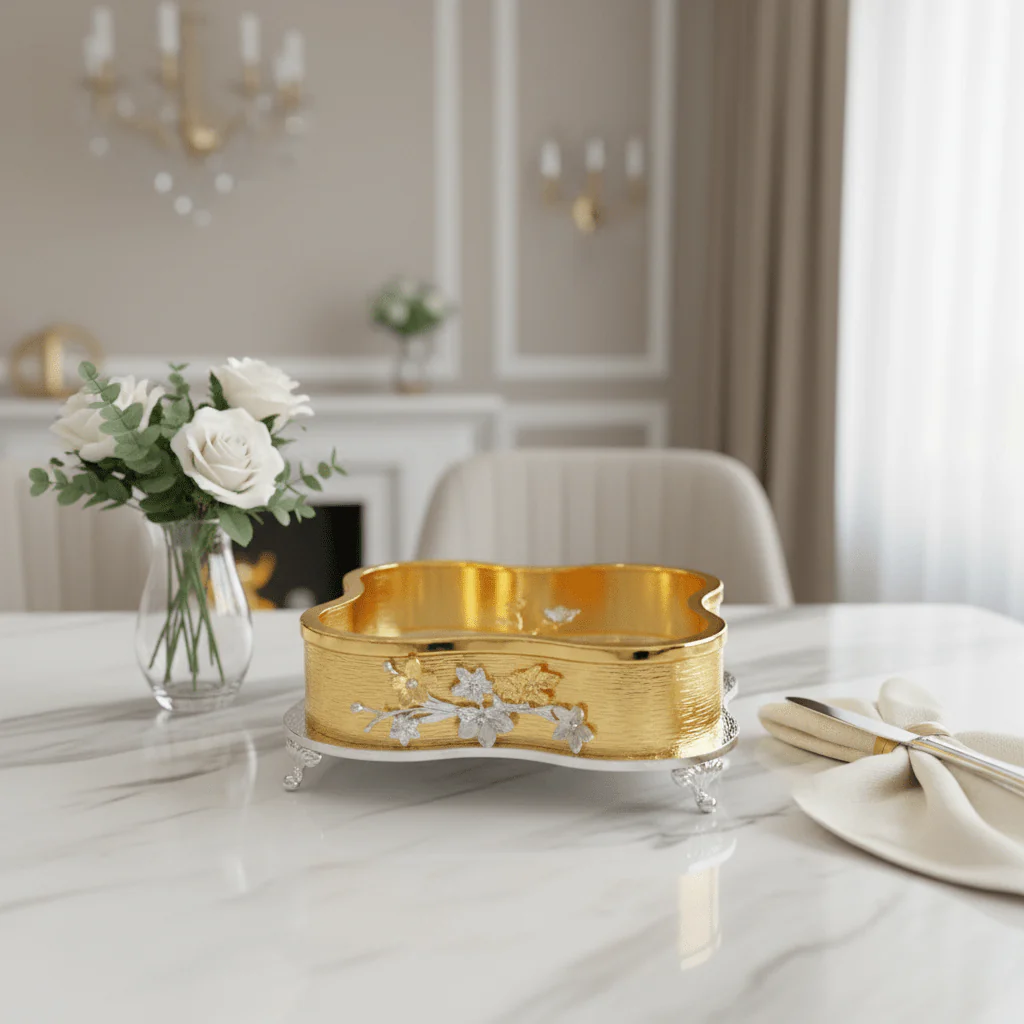 AKDC Luxe Gold & Silver Metal Candy Box Metal with Glass Lid – Stylish Decorative Storage 25 cm - Image 2