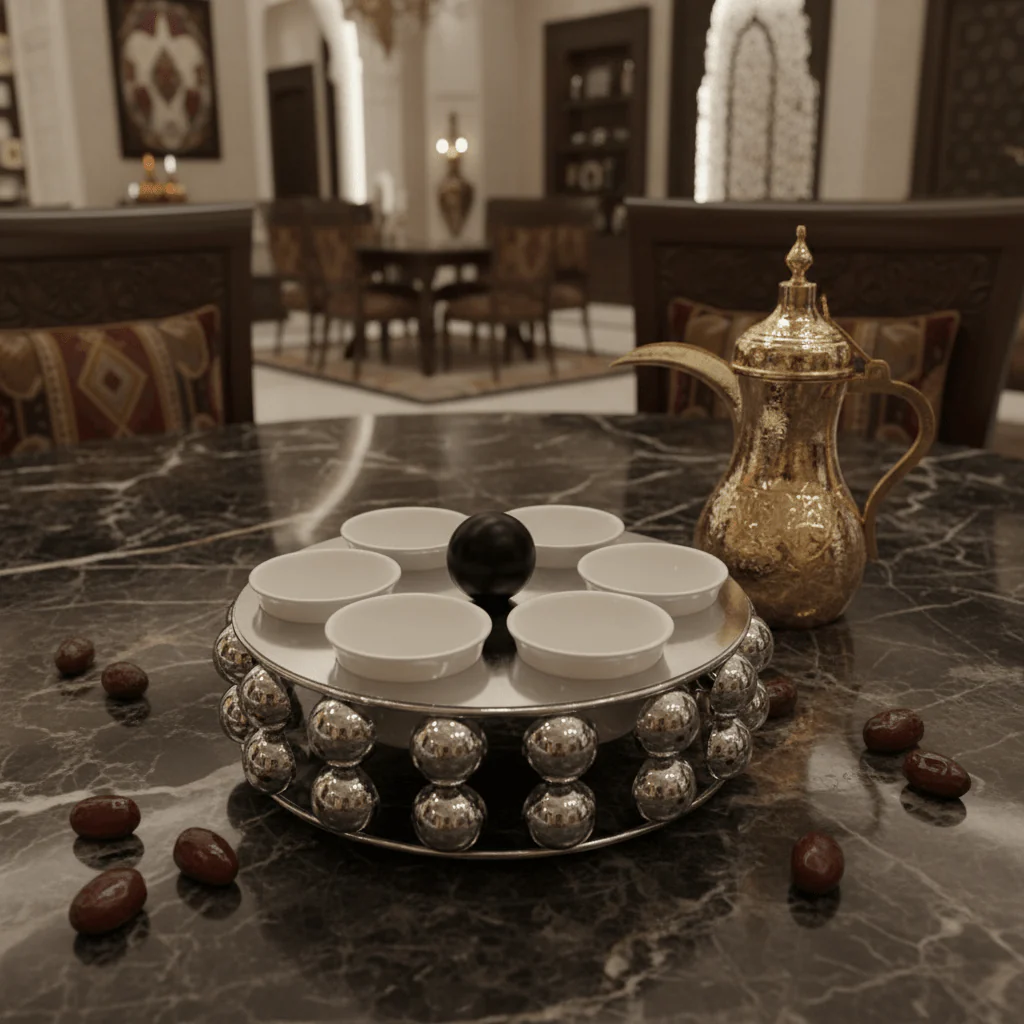 AKDC LuxeCawa 6-Piece Ceramic Arabic Coffee Cup Set with Elegant Silver Metal Holder Serving Set 22cm - Image 2