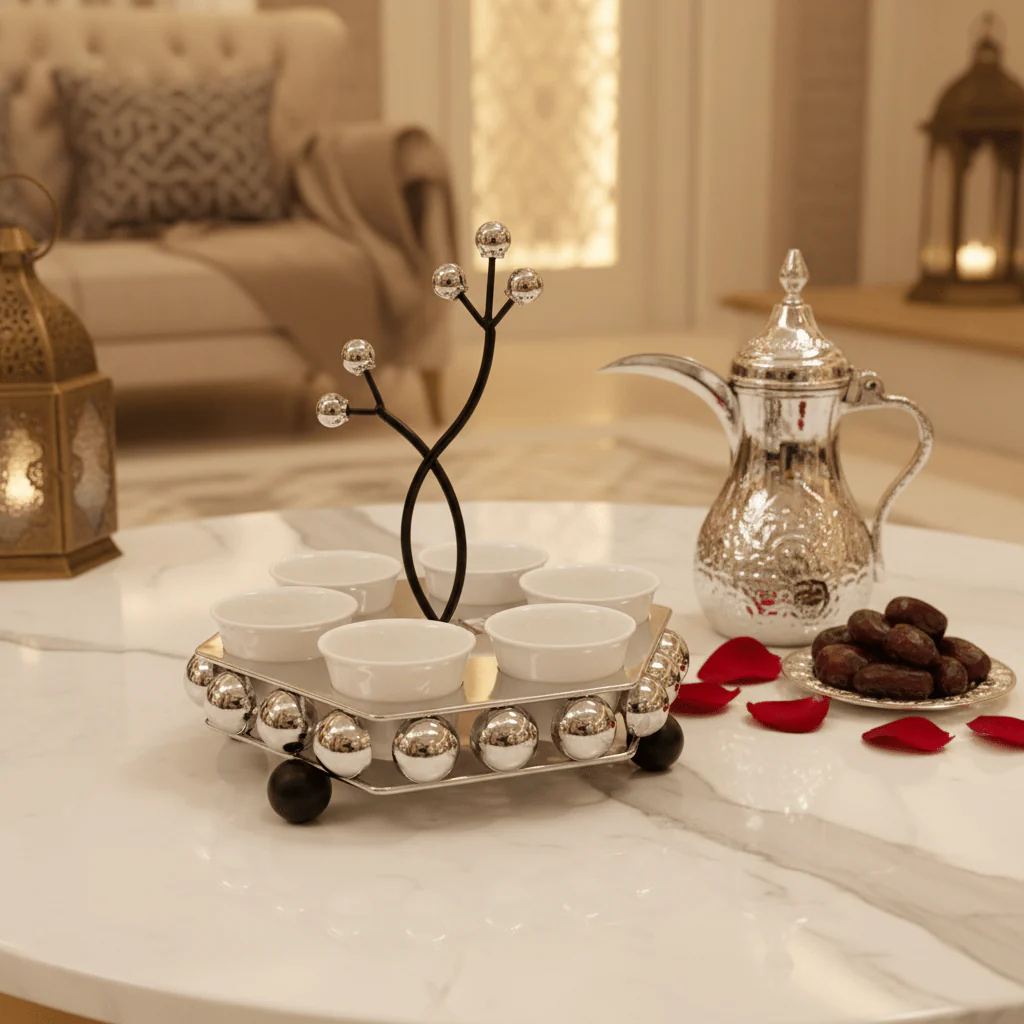 AKDC LuxeCawa Compact 6-Piece Ceramic Arabic Coffee Cup Set with Elegant Silver Holder 20cm - Image 2
