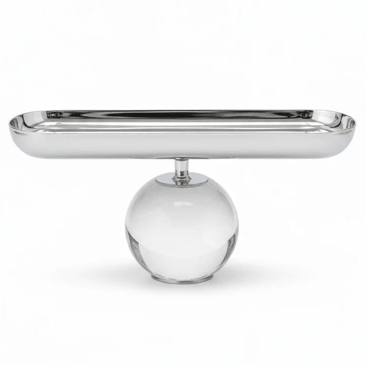 AKDC LuxeServe Silver Metal Oval Dessert Serving Tray with Acrylic Base Elegant Presentation Platter 25×6cm