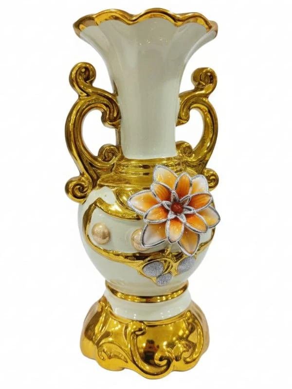 AKDC Luxury Ceramic Flower Vase – Elegant White with Gold Finish and Floral Embellishment, 25.5 cm - Image 2