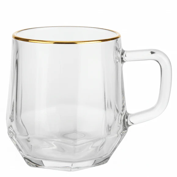 AKDC Luxury Clear Glass Mug with Golden Rim and Strong Handle for Serving Drinks 300ml