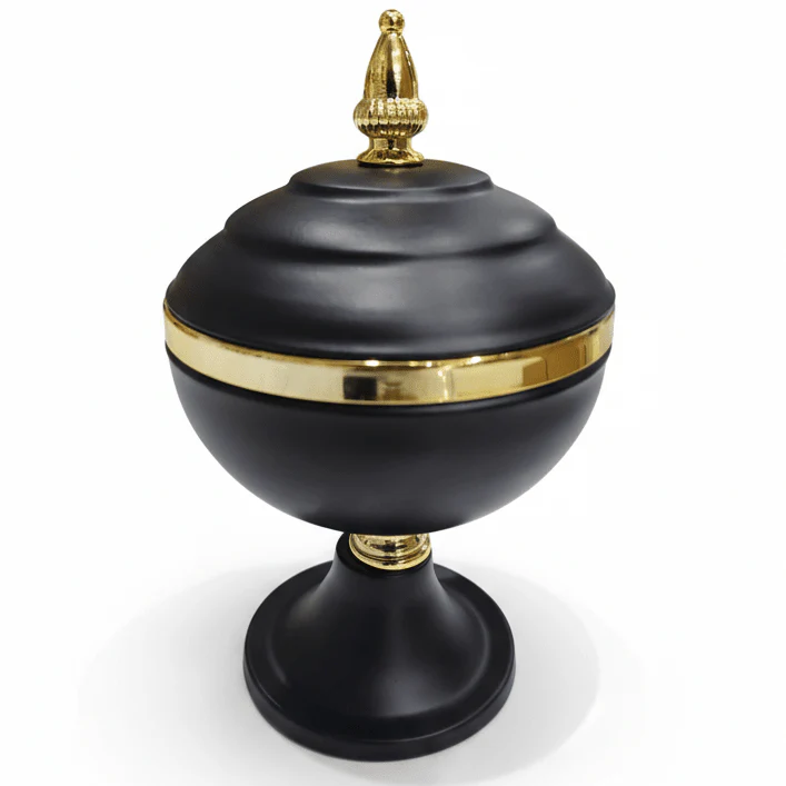 AKDC Luxury Decorative Metal Candy Jar with Lid – Premium Black Body with Elegant Gold Accents for Home Décor, Table Display and Gift Use, Size 25 × 15 cm