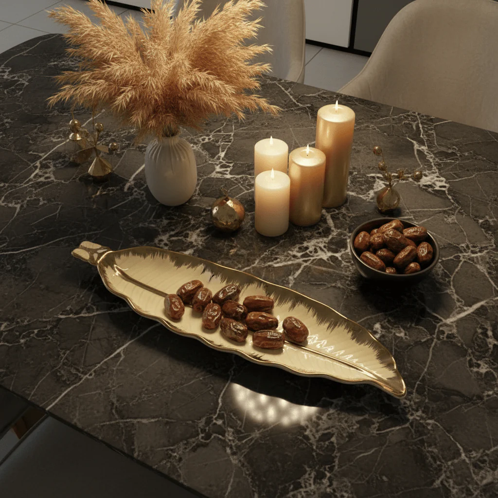 AKDC Luxury Gold & Cream Ceramic Leaf Serving Plate 40×10 cm Decorative Dining & Table Display Platter - Image 2