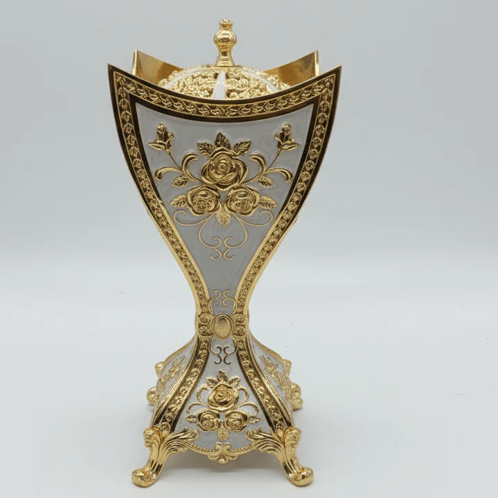 AKDC Luxury Gold & White Metal Incense Burner – Elegant Bakhoor Burner for Home Fragrance 22 cm