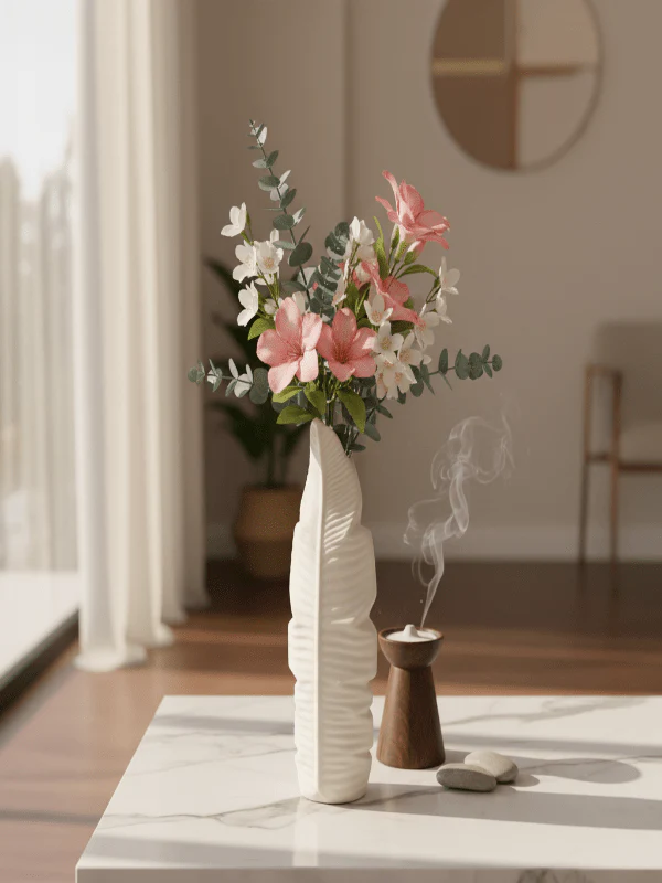 AKDC Luxury Leaf-Style Ceramic Flower Vase – Elegant White Decorative Design for Modern Interiors, 25 × 14 cm - Image 3