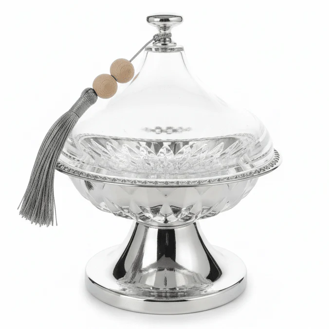 AKDC Luxury Metal Candy Bowl with Acrylic Lid – Premium Silver Finish, Decorative Storage for Sweets & Dry Fruits, 19 × 15 cm