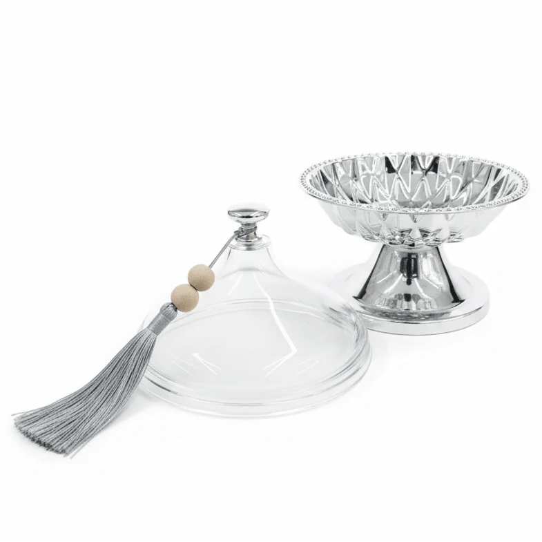 AKDC Luxury Metal Candy Bowl with Acrylic Lid – Premium Silver Finish, Decorative Storage for Sweets & Dry Fruits, 19 × 15 cm - Image 2