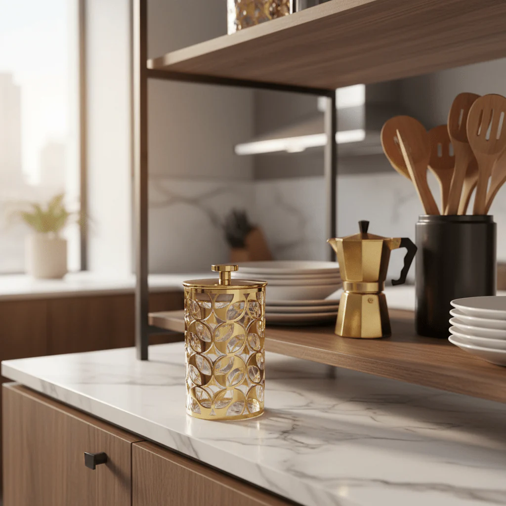 AKDC Luxury Round Airtight Acrylic Storage Canister with Transparent Body & Elegant Golden Design Lid – Kitchen Storage Jar, 800 ml - Image 2