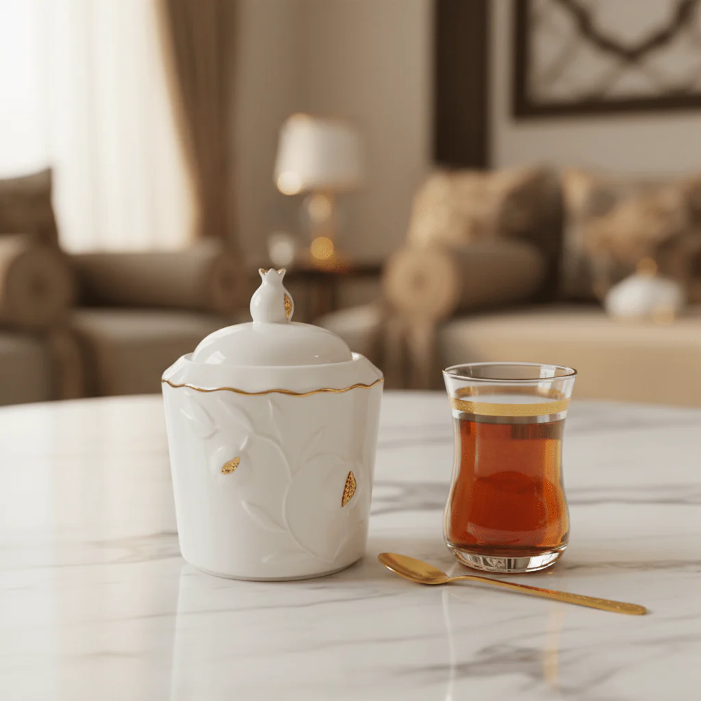 Luxury White Ceramic Sugar Pot with Elegant Gold Trim Design and Fitted Lid – Compact Tabletop Storage Jar (10×8 cm) - Image 2