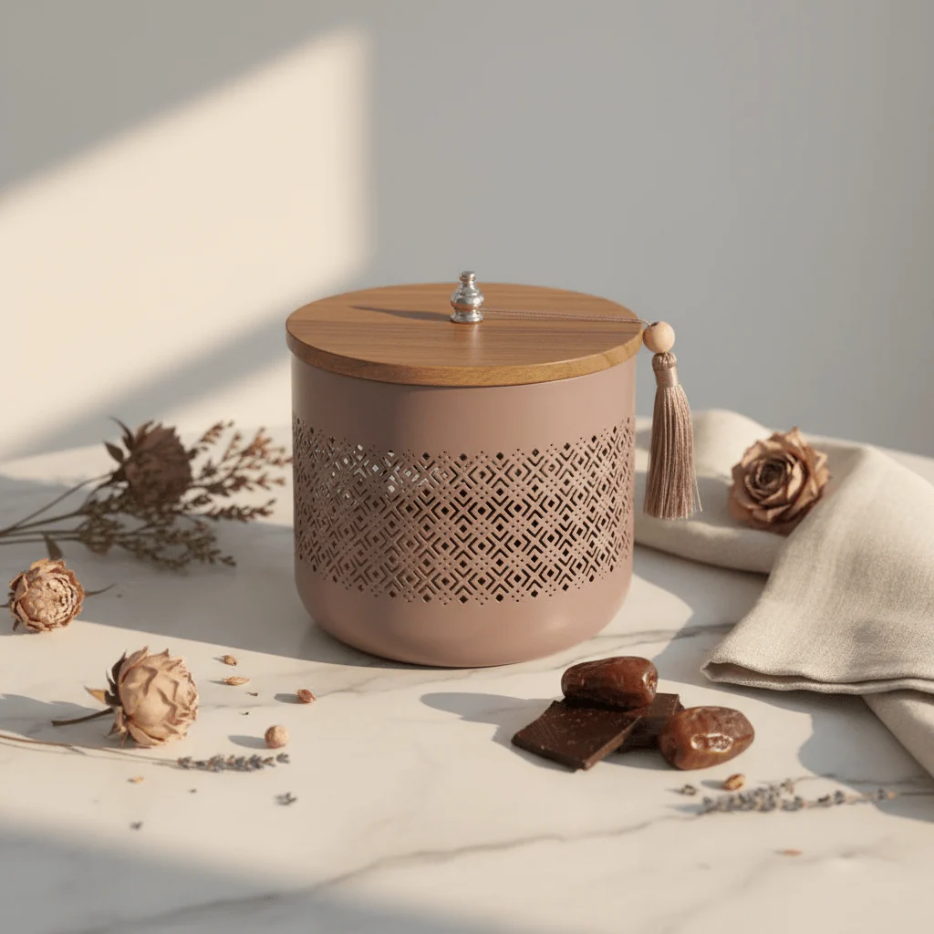 AKDC Mauve Taupe Metal Candy Storage Jar with Wooden Lid – Decorative Kitchen & Dining Organizer – 18 × 17 cm - Image 2