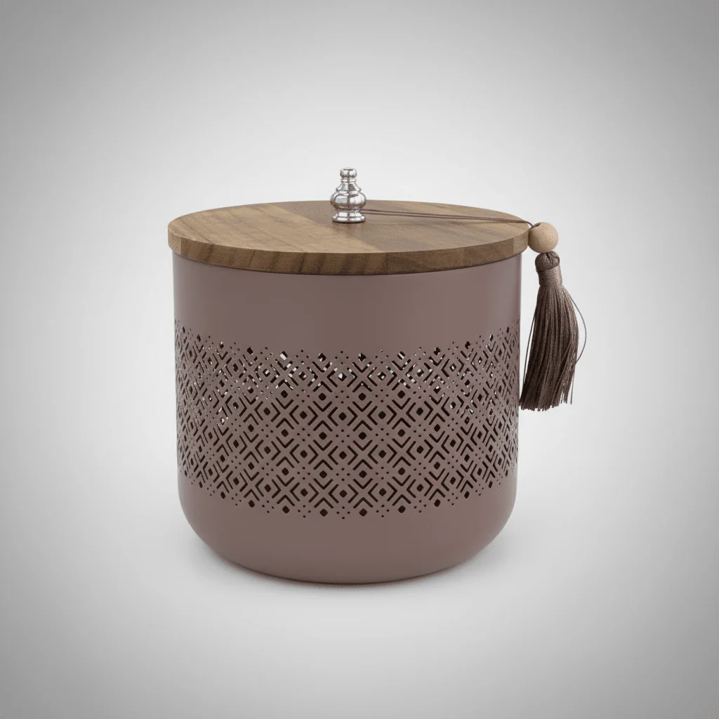 AKDC Mauve Taupe Metal Candy Storage Jar with Wooden Lid – Decorative Kitchen & Dining Organizer – 18 × 17 cm - Image 4