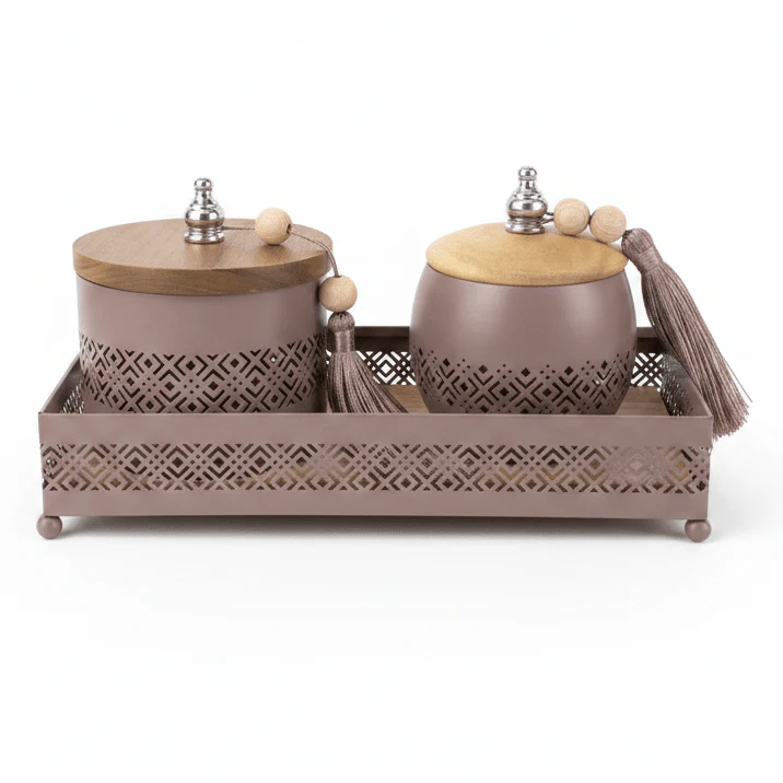 AKDC Mauve Taupe Metal & Wooden Rectangular Serving Tray with 2 Candy Bowls – Elegant Hosting & Snack Serving Set – 26 × 12 cm