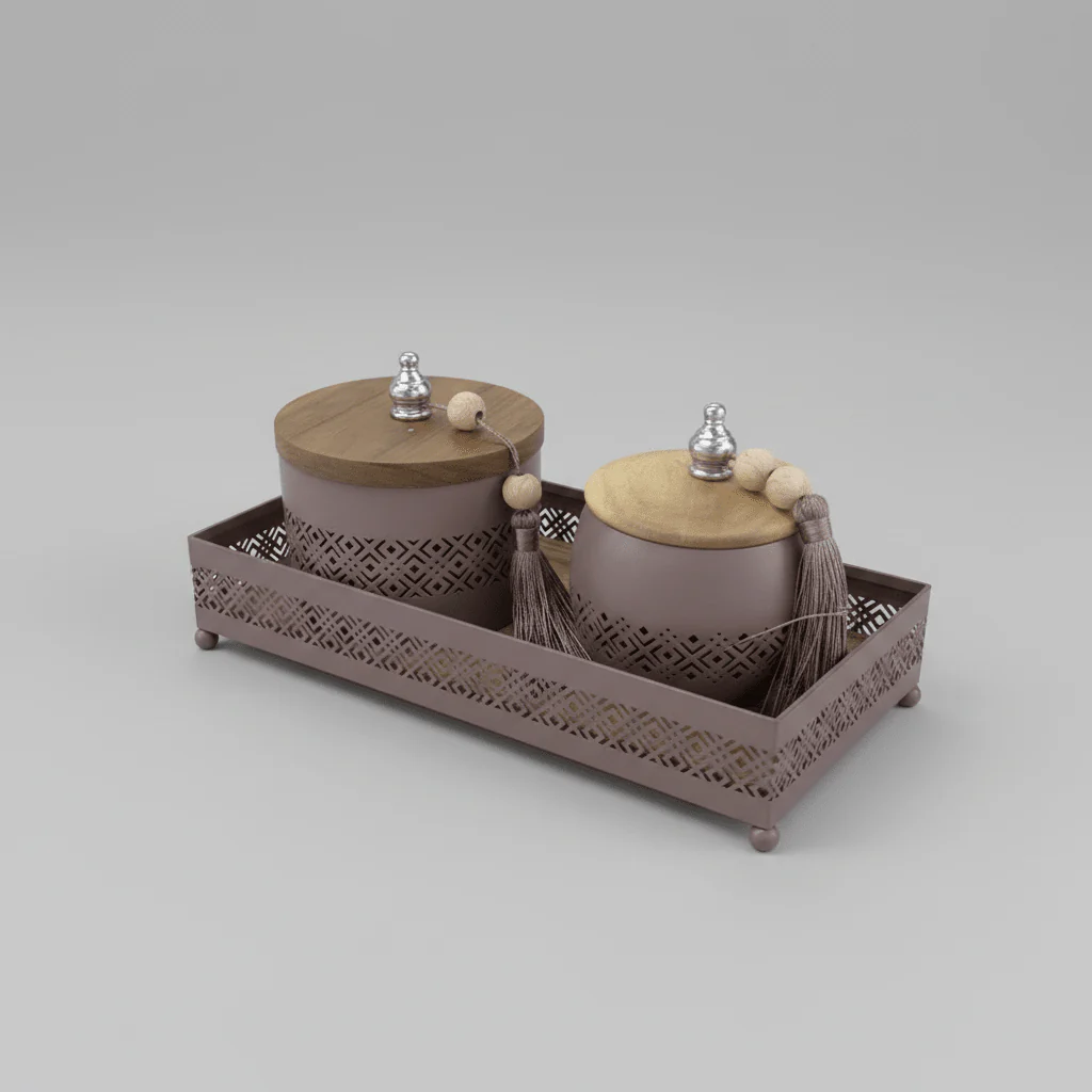 AKDC Mauve Taupe Metal & Wooden Rectangular Serving Tray with 2 Candy Bowls – Elegant Hosting & Snack Serving Set – 26 × 12 cm - Image 3
