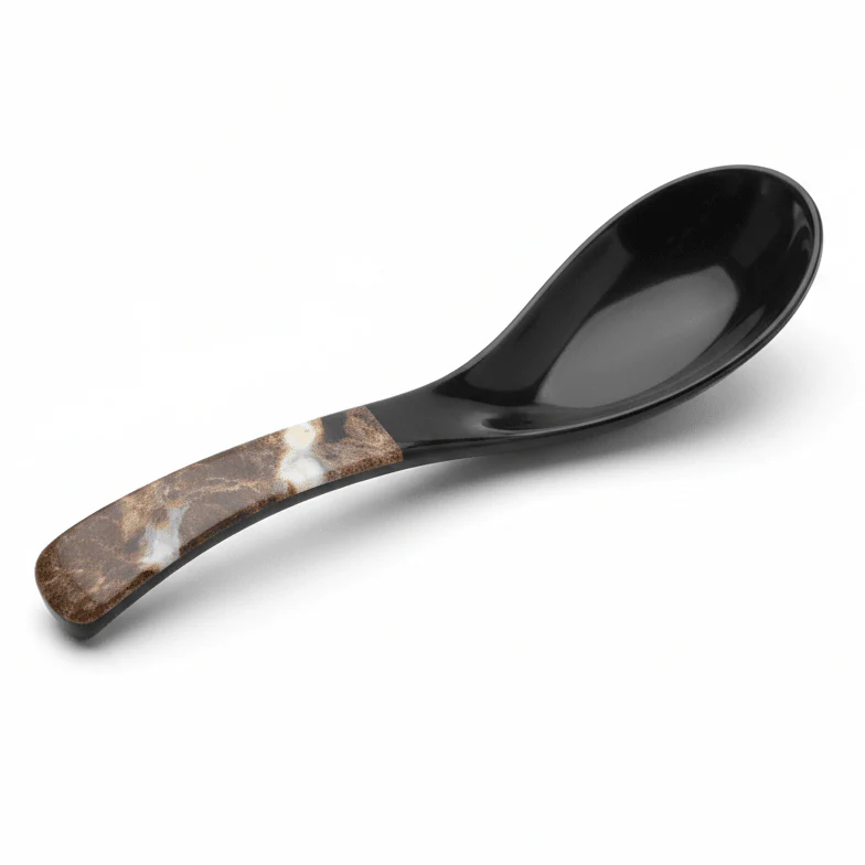 AKDC Melamine Soup Spoon in Dark Brown with Black Accent, Durable Serving Spoon – 14 cm