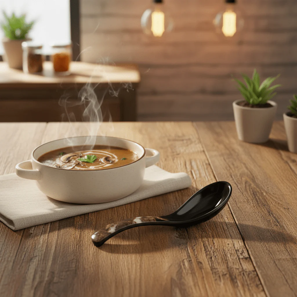 AKDC Melamine Soup Spoon in Dark Brown with Black Accent, Durable Serving Spoon – 14 cm - Image 2