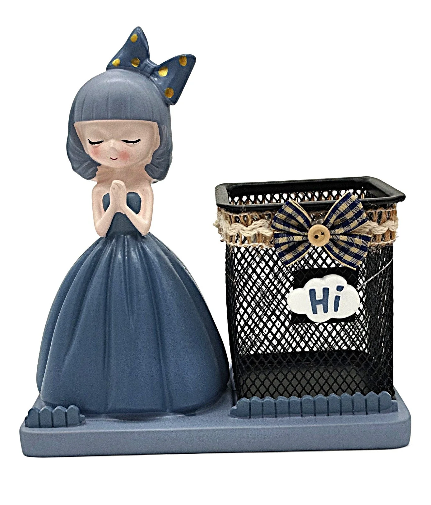 AKDC Mesh Pen Holder with 3D Beautiful Girl Figurine – Dark Blue Dress